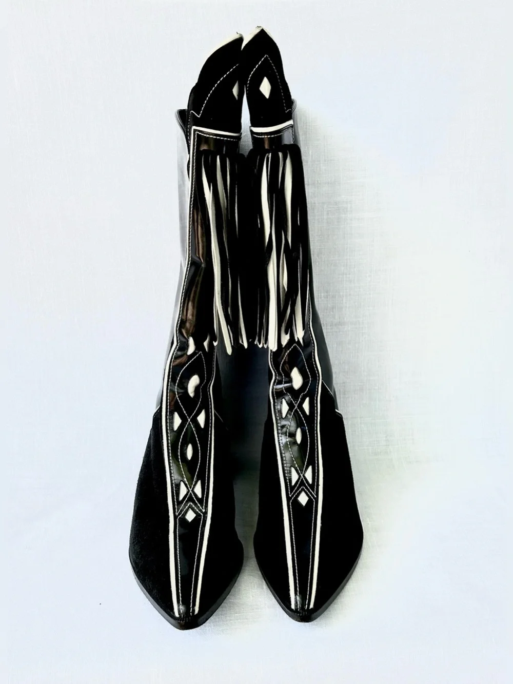 Rare Vintage 80s Charles Jourdan Black Patent & Suede Fringe Western CowboyBoots - Picture 5 of 16